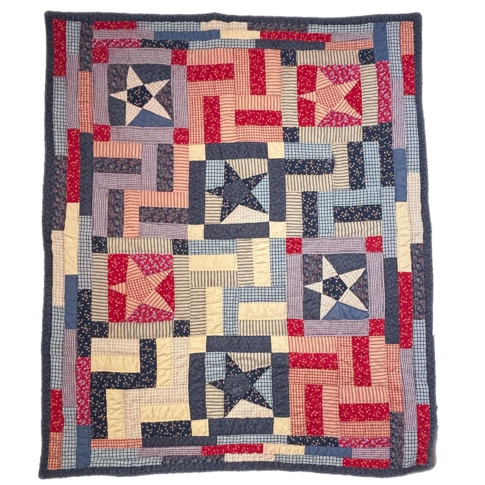 Primitive Farmhouse Patchwork Quilt 46x56 Country Cutter Americana Log Cabin